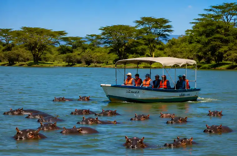 Boat safari on Lake Naivasha with hippos and birds in Kenya