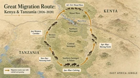 Great Migration route map showing wildebeest movements through Tanzania’s Serengeti and Kenya’s Masai Mara from January to December 2026–2028.