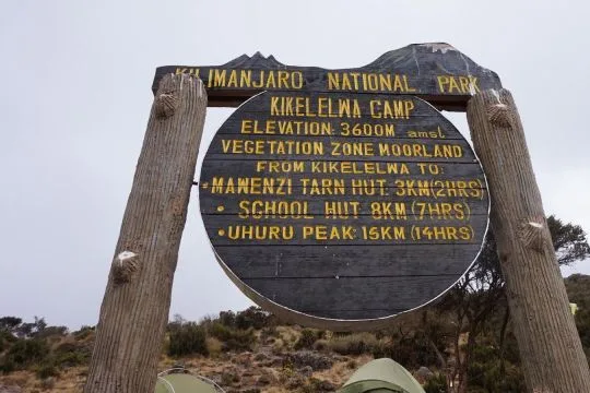 Climbers trekking the Kilimanjaro Rongai Route with Mawenzi Peak in the background