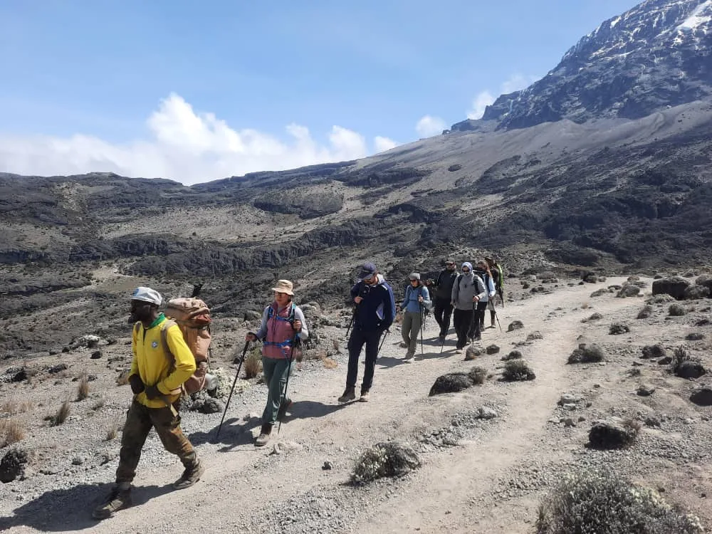 Climbers celebrating at Uhuru Peak on Mount Kilimanjaro