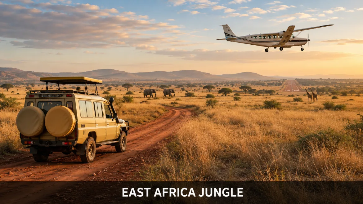 Road versus fly-in Kenya safari with an East Africa Jungle 4×4 Land Cruiser, safari aircraft, elephants and giraffes.